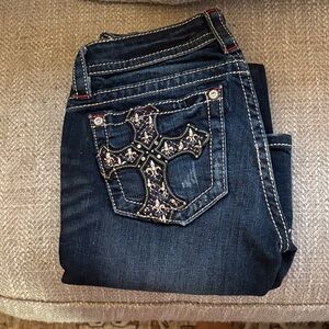 Miss Me Embellished Dark Blue Jeans with Red Stitching